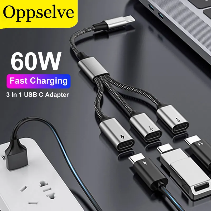 

3 in 1 USB Type C Male To 2 USB-C USB2.0 Female Docking Station Convertor For Mouse Keyboard PD 60W Charging Cable For U Disk