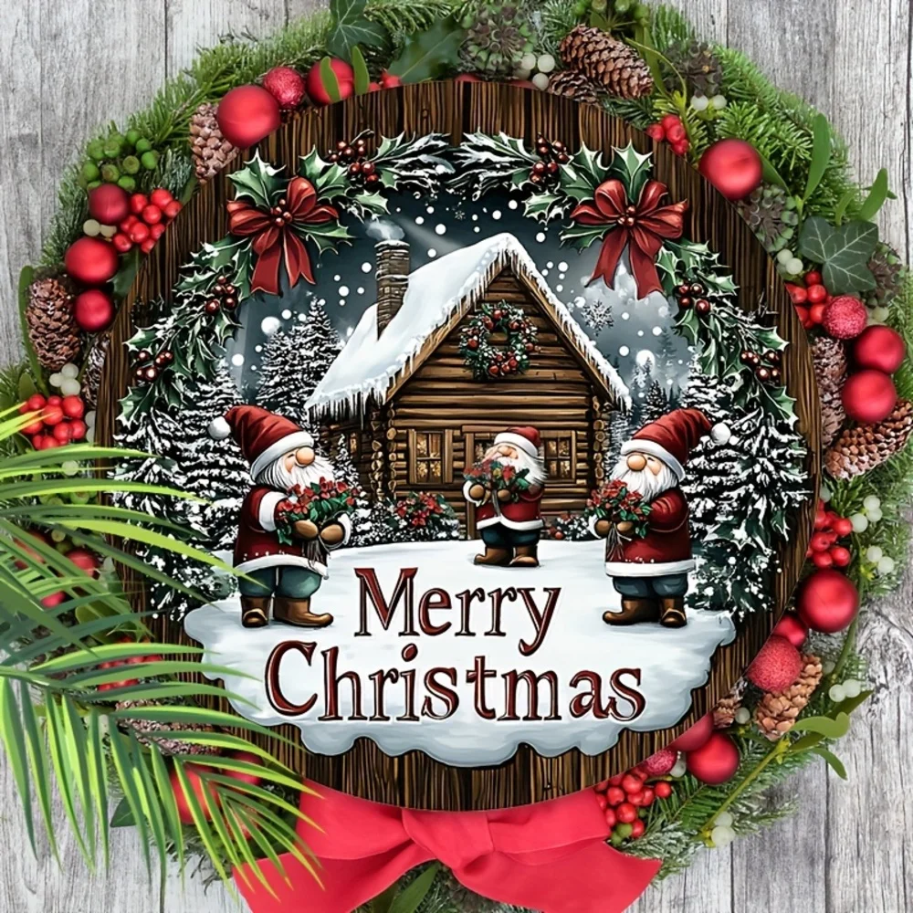 Charming Wooden Christmas Gnome Wreath Sign - 2D Relief Design, Perfect for Front Door & Wall Decor, Battery-Free Holiday Decor