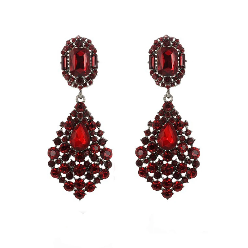 Luxury Jewelry Wholesale Bridesmaid Wedding Accessories Long Gun Black Red Rhinestone Crystal Chandelier Drop Earrings for Women