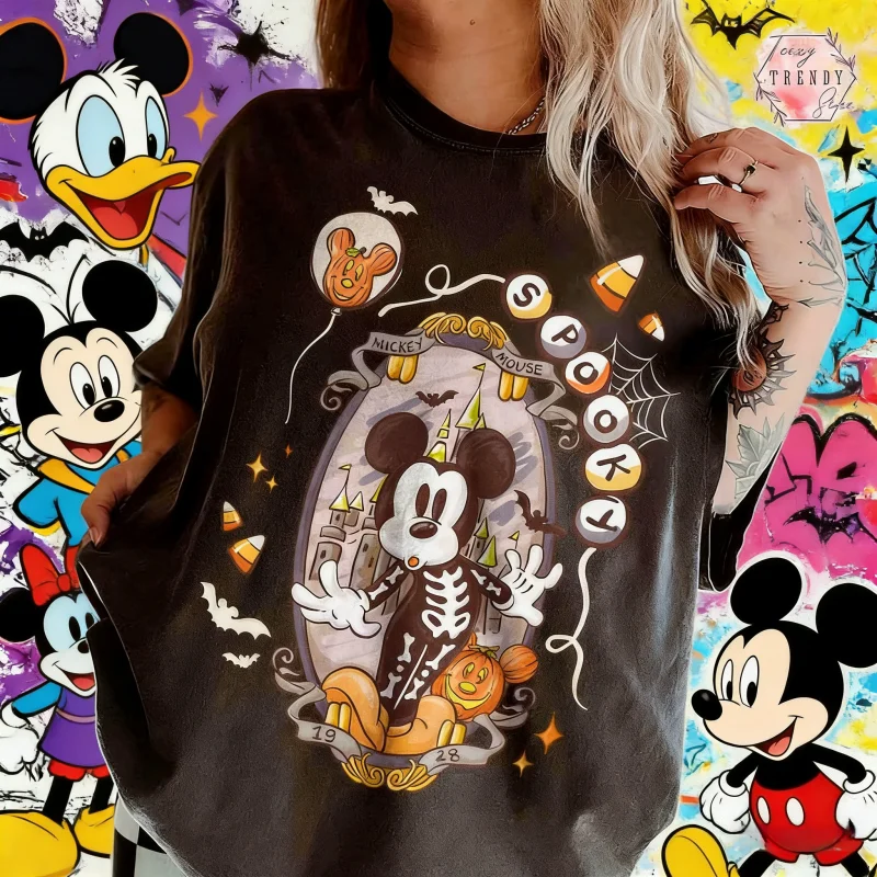 

2025 Summer Hot Vintage Mickey Skeleton Mirror Halloween Shirt Disneyworld Halloween Disney Trip Shirt Halloween Castle Shirt