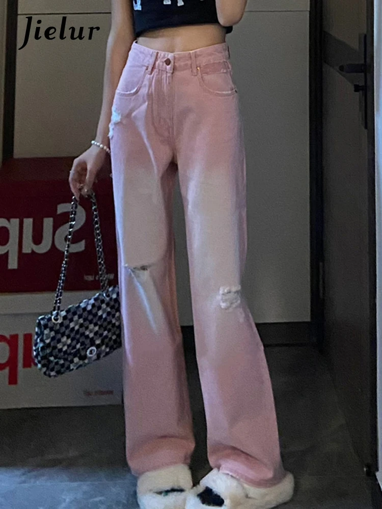 

Jielur Gradient Pink Holes Straight Women's Jeans New Loose High Waist Slim Full Length Casual Fashion Female Wide Leg Pants