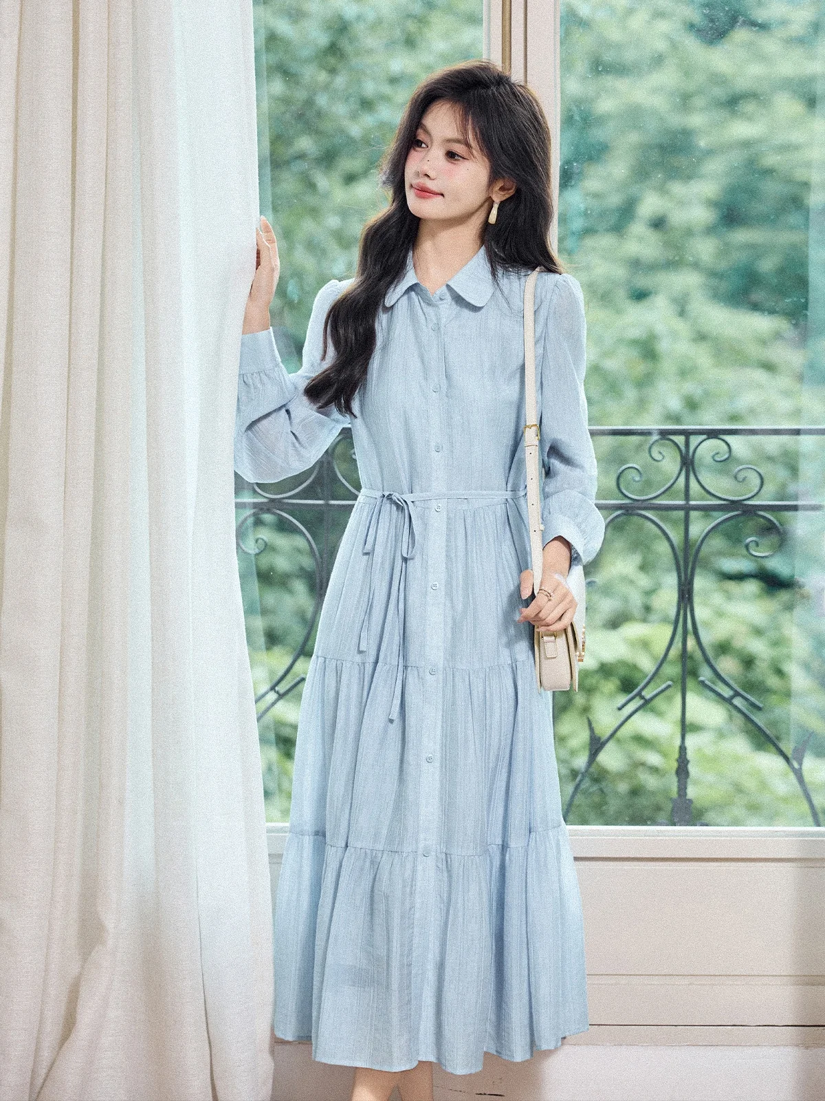 

Blue irt Dr Women's Formal Ocn Long Sve Lycocell Skirt Breathable Comfortable A-Line Silhouette Button Cl...