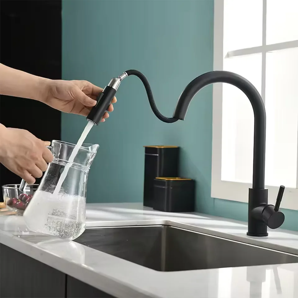 1 Piece of Kitchen Stainless Steel Pull-out Hot and Cold Water Mixing Faucet with 3-speed Nozzle Function