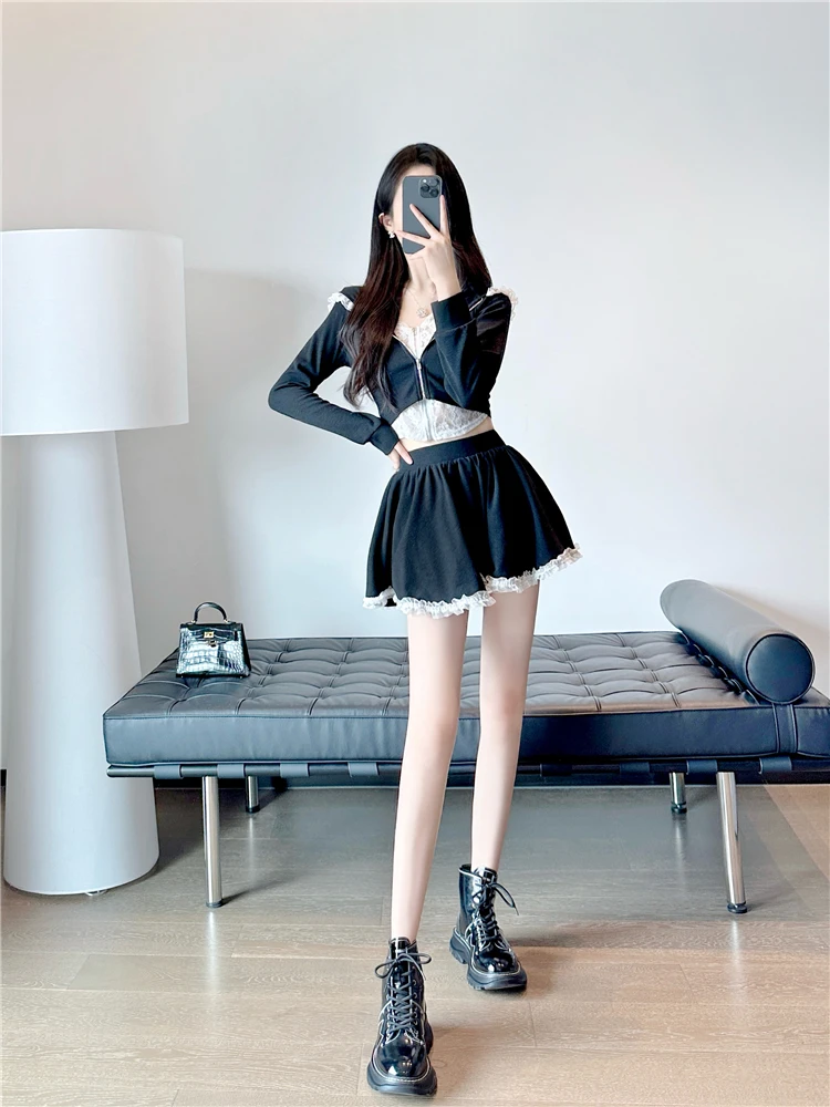 

Faionable Lace Hoodie Set Women's Autumn Wear 2024 New Sle Youthful Chic Small Size Two-Piece Suit Polyester Long Sve ...