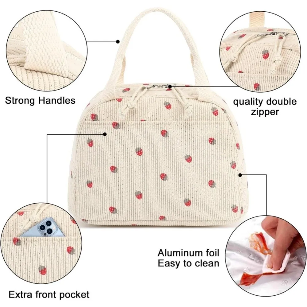 

Corduroy Lunch Bag Insulated Design Large Capacity Picnic Tote Bags Strawberry Pattern Reusable Lunch Handbag for Work Travel