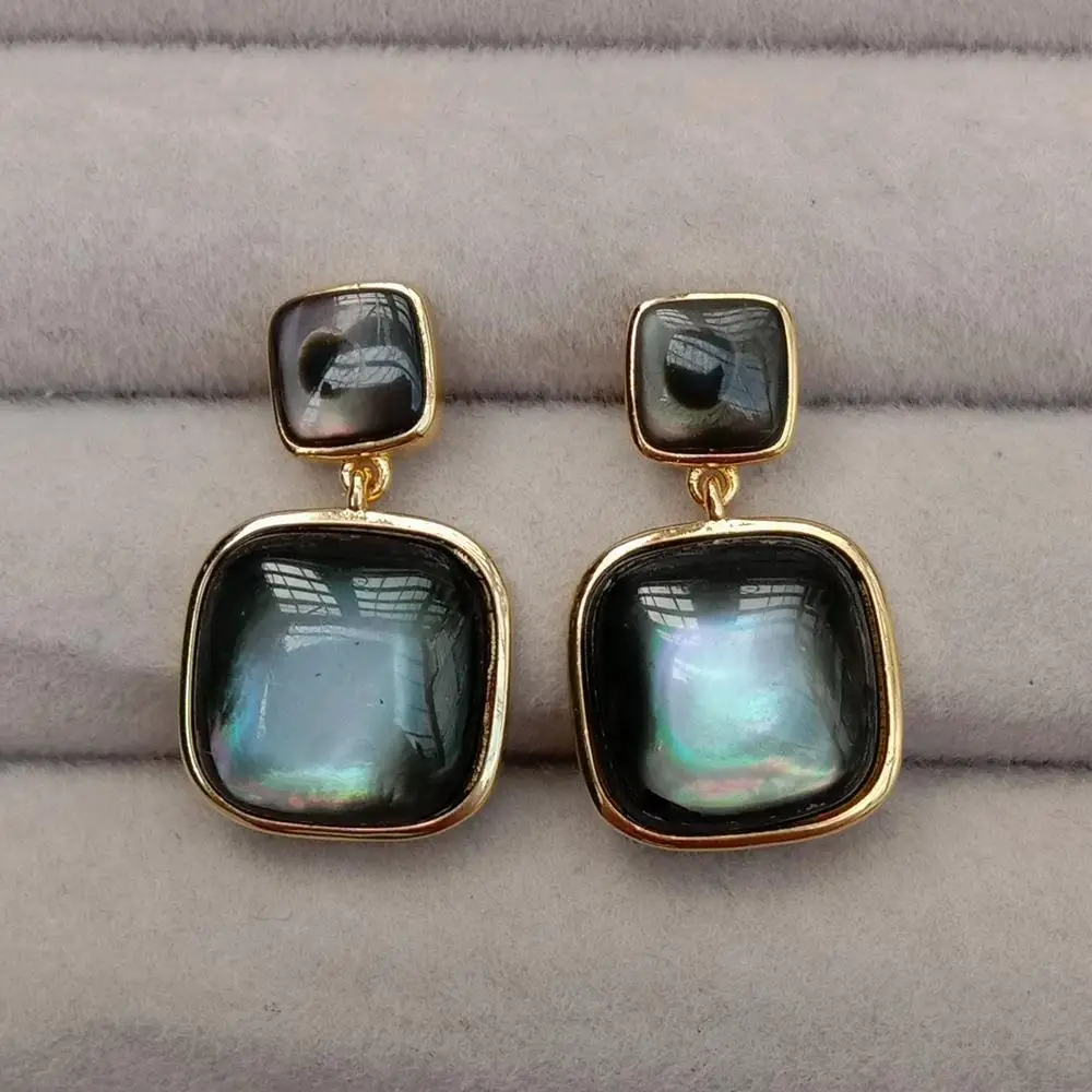 YYGEM  13mm-17mm Natural Black Sea Shell Square Shape Earrings Stud Drop Earring Unique Lady Jewelry
