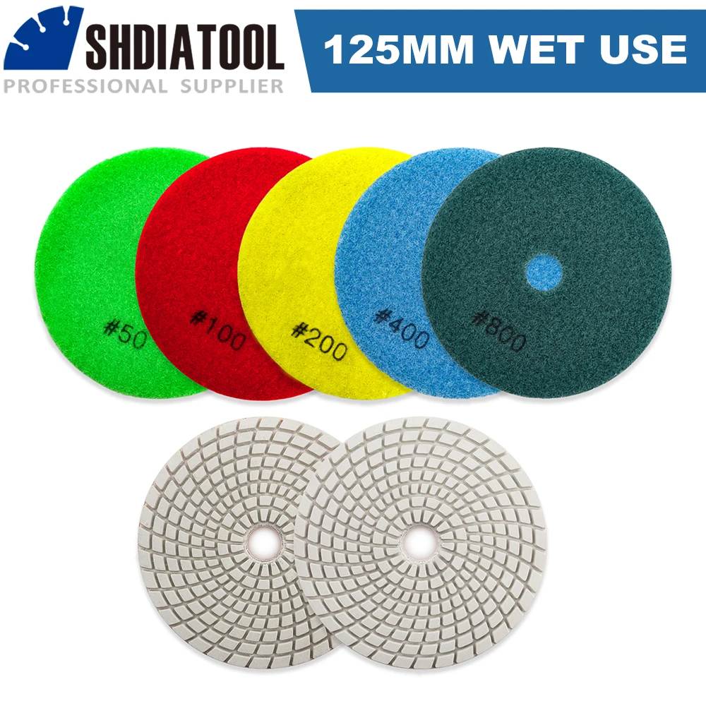 SHDIATOOL 6Pcs #50-#3000 125มม.สีขาวพันธบัตรเรซินฟองน้ำขัดเงารถสำหรับ Keramik Marmer หินอ่อนหินแกรนิตเปียกแผ่นขัด