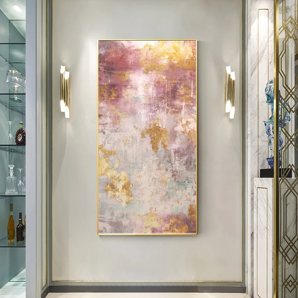 

Modern Wall Art Abstract Pink with Gold Foil Oil Painting on Canvas Handmade Wall Decor Abstract Artwork Office Home Decoration