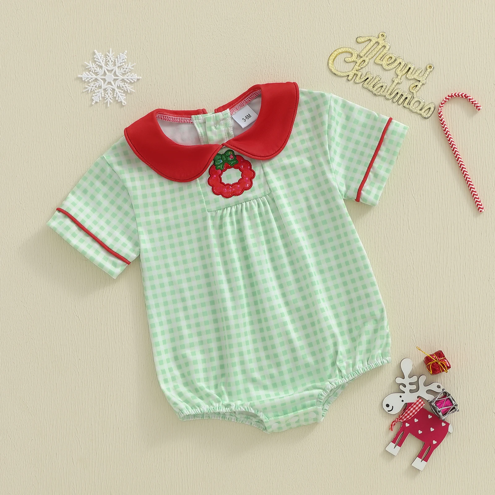 

Baby Girls Plaid Romper Wreath Embroidery Short Sleeve Doll Collar Bubble Jumpsuits