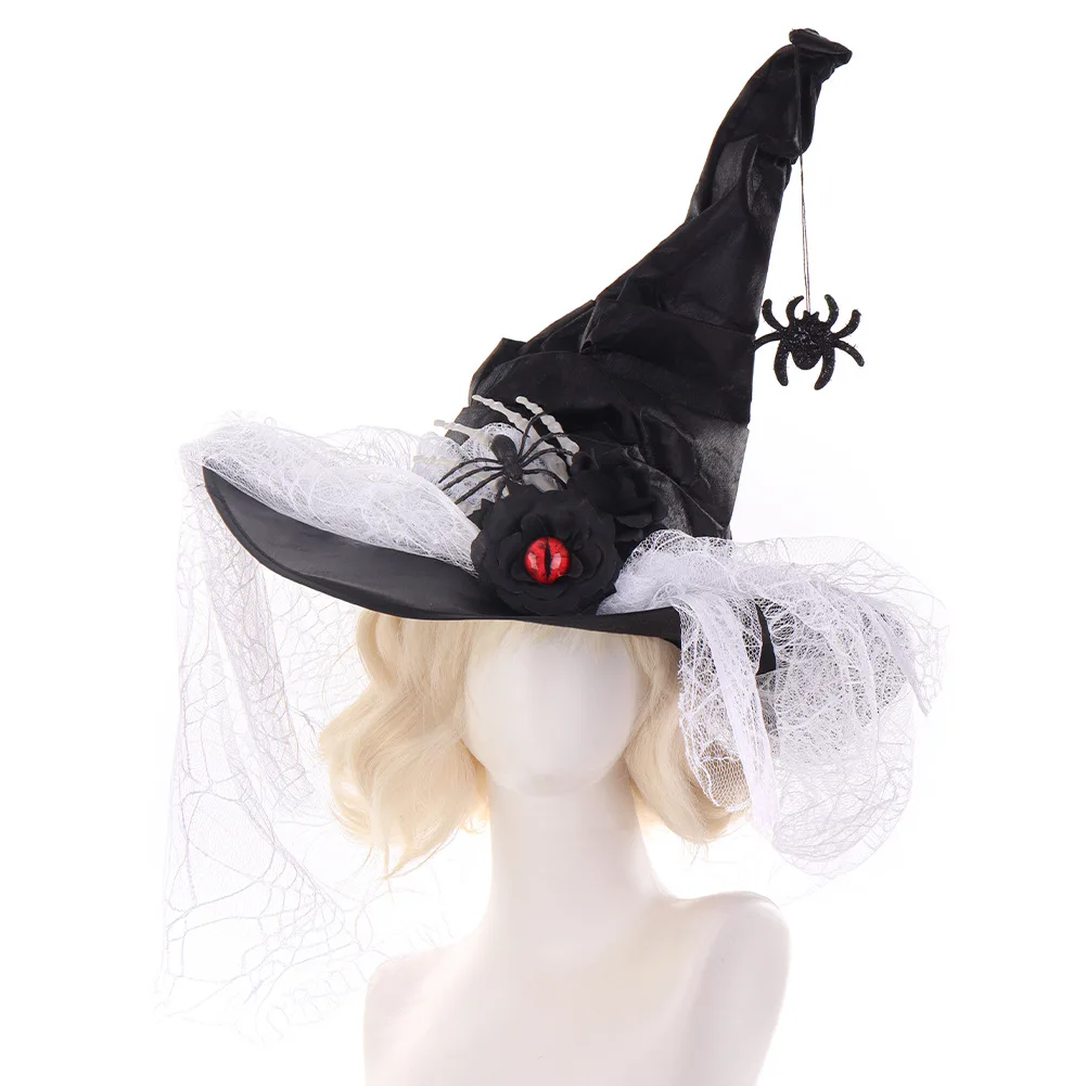 Cappello da strega in pizzo pieghettato di Halloween Palla da festa Cosplay Cappello da strega Mago Accessori per la decorazione di ragno con osso scuro