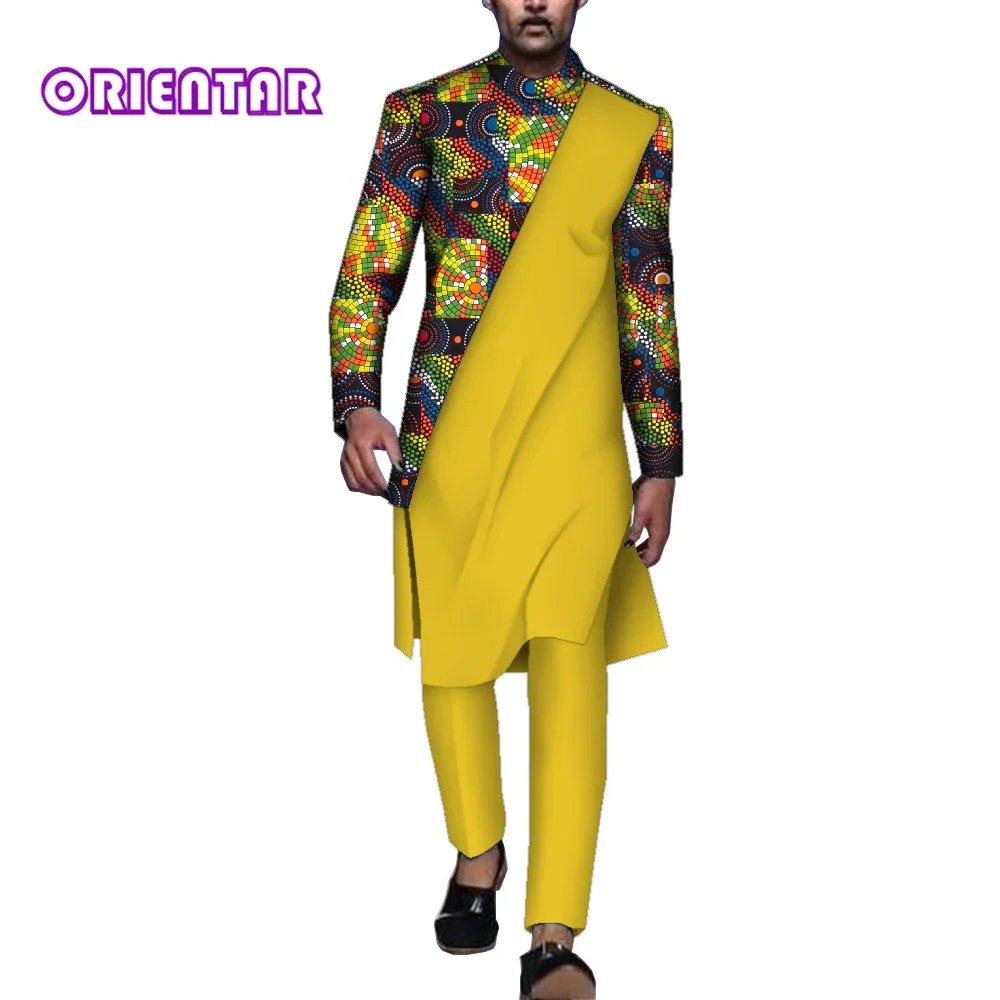 2 Pieces Set African Men Outfits Set African Print Patchwork Long Sleeve T Shirt and Pants Traditional Men Trousers Set WYN1663