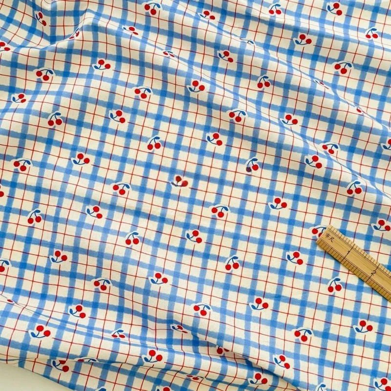 140x50cm Blue Plaid Red Fruit Cotton Checkered Printed Fabric, Luggage, Children's Clothing, Dresses, Pajamas, Shirts
