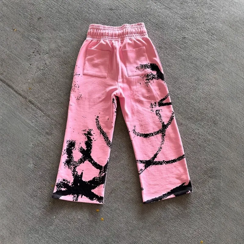Pantalones de chándal americanos con patrones estampados, pantalones casuales de estilo callejero de anime oscuro, ropa de calle holgada con cordón y cintura elástica