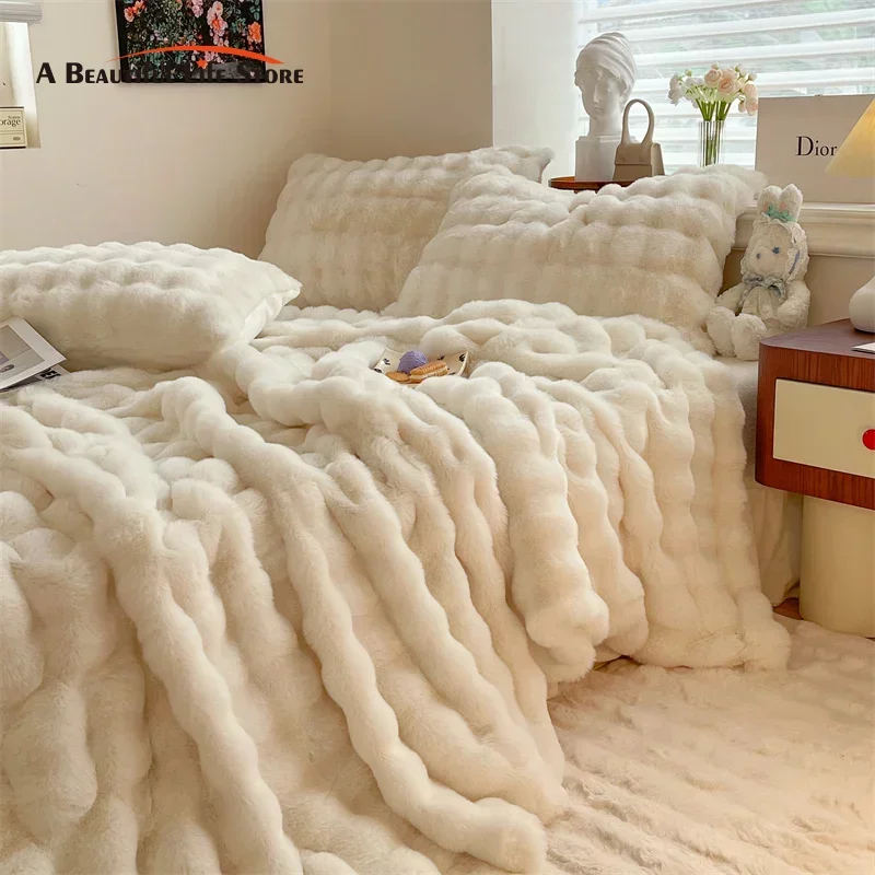 

Luxury Faux Fur Velvet Fleece Blanket, Winter Blanket, Throw, Double Layer, Warm Cashmere, Coral, Rabbit Fur Bed Sheet