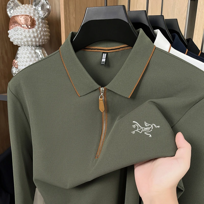 

Роскошный дизайн, мужская рубашка-поло с лацканами, футболка с длинным рукавом, осенняя новинка, полумолния, изысканная вышивка, модная деловая мужская одежда, топ