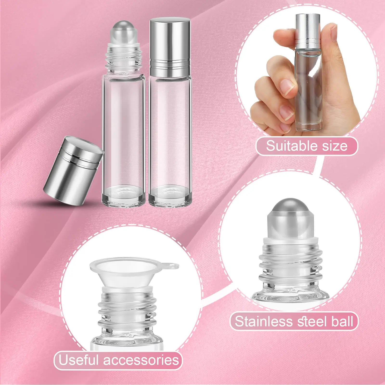 12Pcs Leakproof Glass Roller Bottles 10ml Silver Refillable Bottle Empty Roll-on Bottles for Essential Oils/Eye Essence/Perfume
