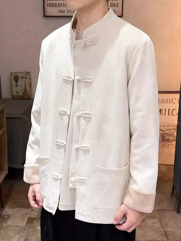 

New Chinese Sle Men's Suede Jaet Autumn Winter Loose Tai Chi Clothing Big Size Outerwear Floral Embroidery Youth Faion