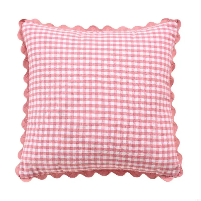 Square Gingham Pillow Cover 45 X 45 Throw Pillow Cover with Scalloped Trim for Couch and Sofa Indoor Seating Use G92C