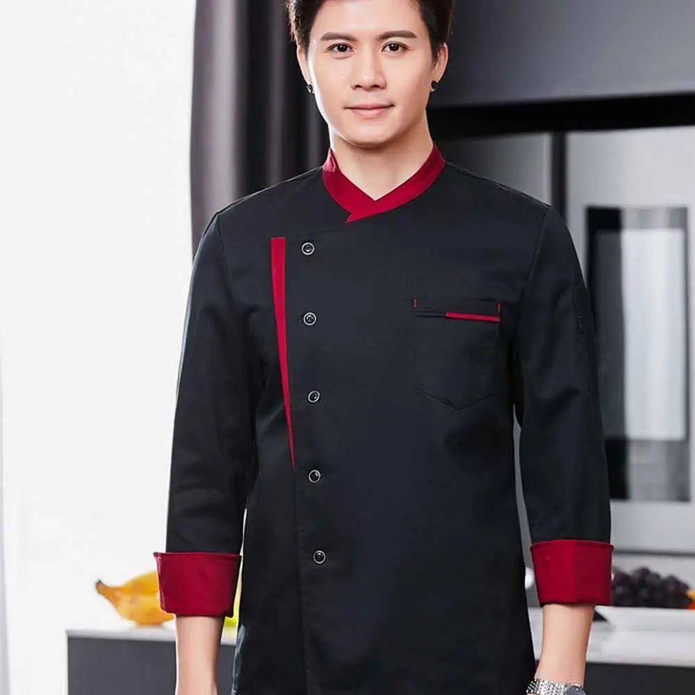 Long Sleeve Chef Uniform Breathable Thickened Chef Jacket Black/White/Red Western Style Kitchen Work Clothes Hotel Cafe