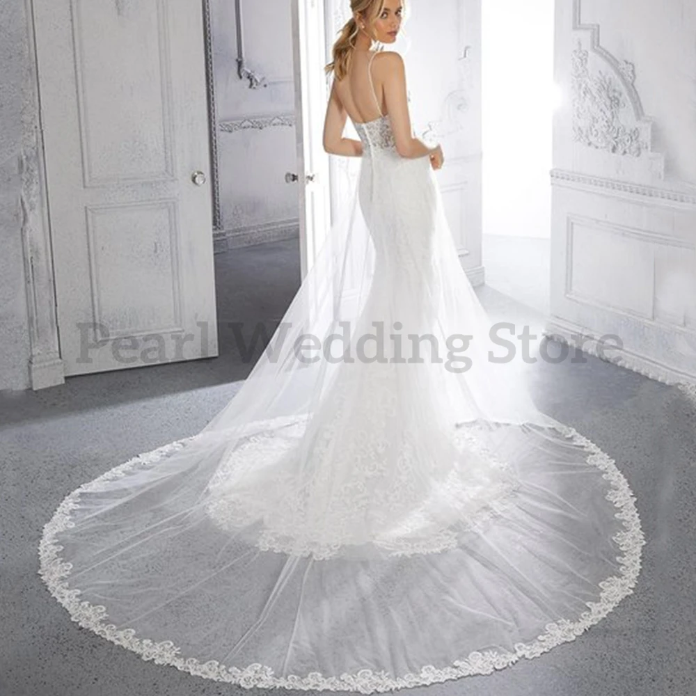 Elegante abito da sposa con scollo a v senza spalline doppia spalla Sexy aperto indietro Illusion Appliques sirena con abito da treno trasparente