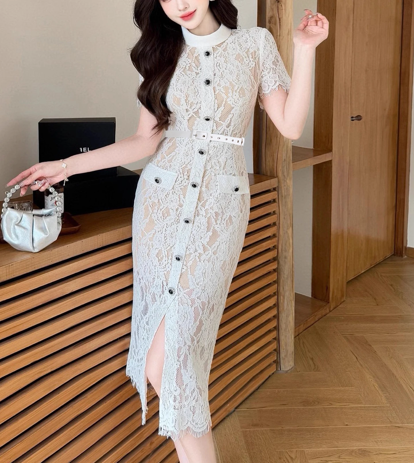 

White Lace Dress Women Elegant Short Sleeve Streetwear Chic Clothing Lady with Sashes Runway Design Party Vestidos Bodycon