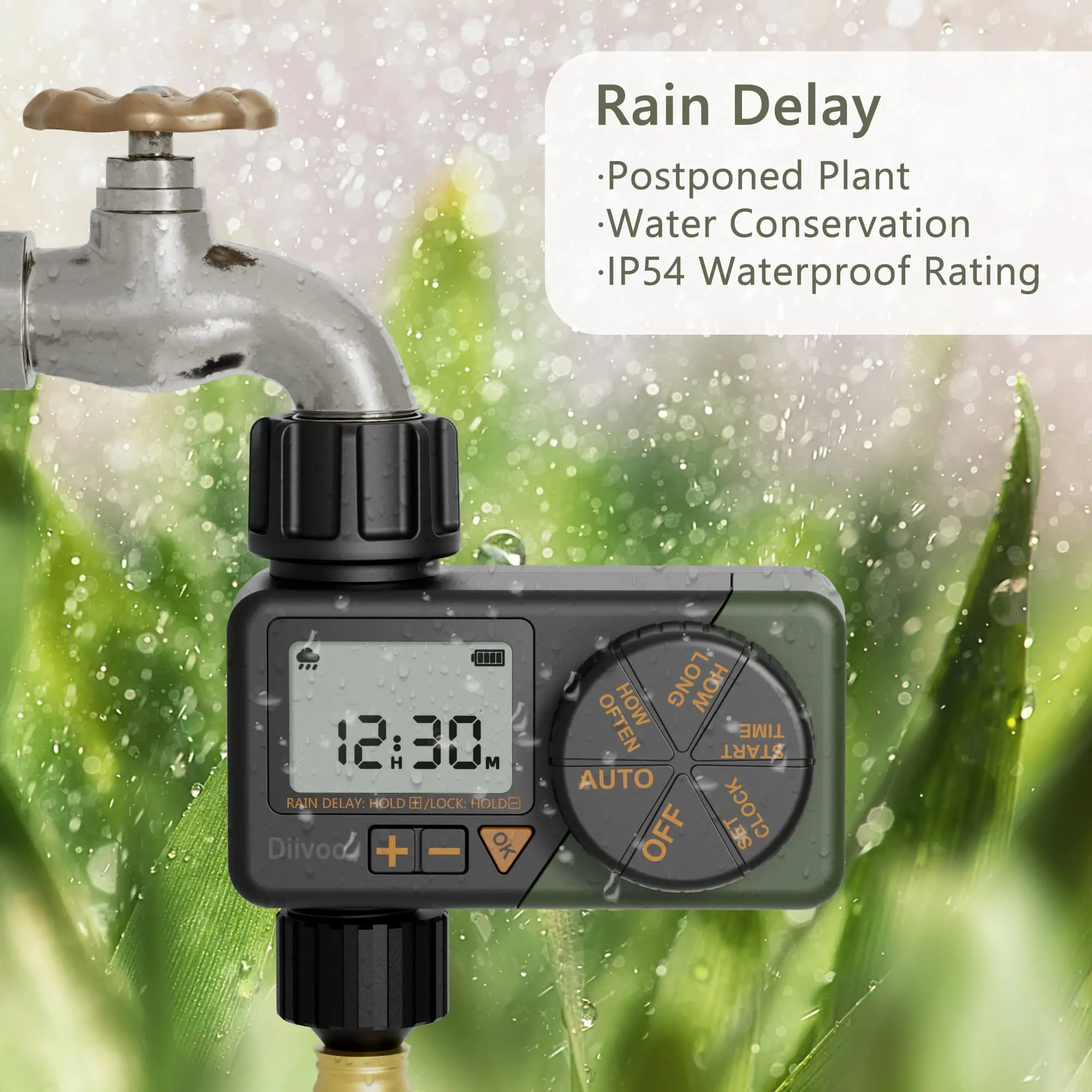 

Diivoo-Automatic Irrigation Equipment, Water Timer for Garden Hose, Programmable Water Timer with Rain Delay and Manual Watering