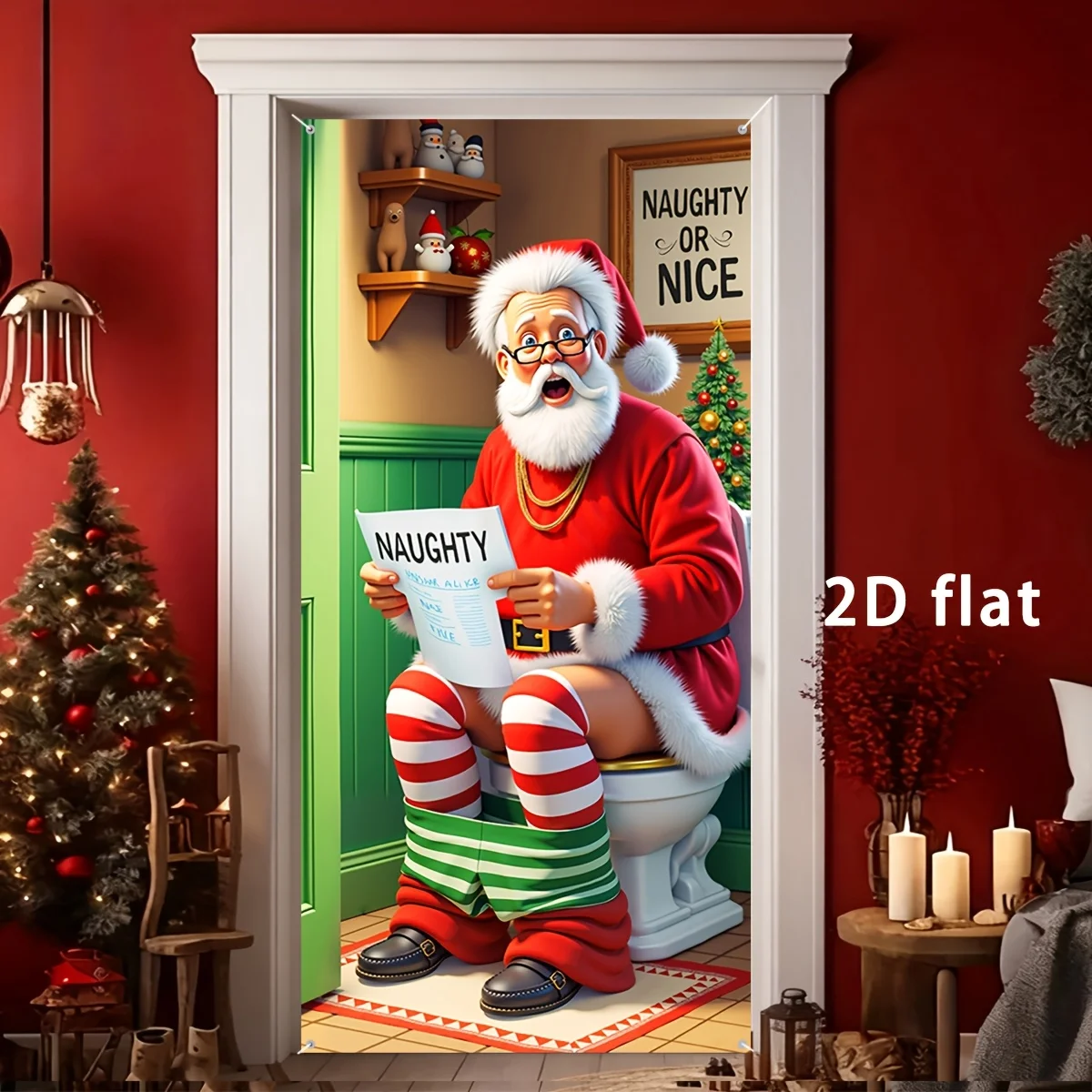 1pc 2D Flat Christmas Door Banner Door Cover, Whimsical Santa Claus Pattern Door Flag, Durable Polyester Christmas Party Decor