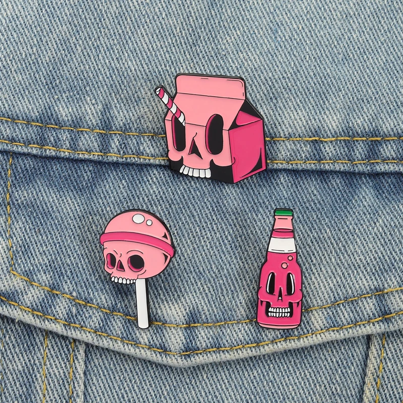 Rosa Skelette Emaille Pins Benutzerdefinierte Schädel Gesicht Saft Milch Lutscher Broschen Revers Abzeichen Punk Schmuck Geschenk für Freunde