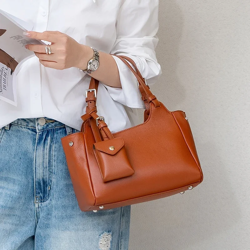 Genuine Cowhide Leather Hobo Shoulder Bag Set for Women Pebbled Leather Crossbody Bag with Mini Pouch Charm Underarm Bags