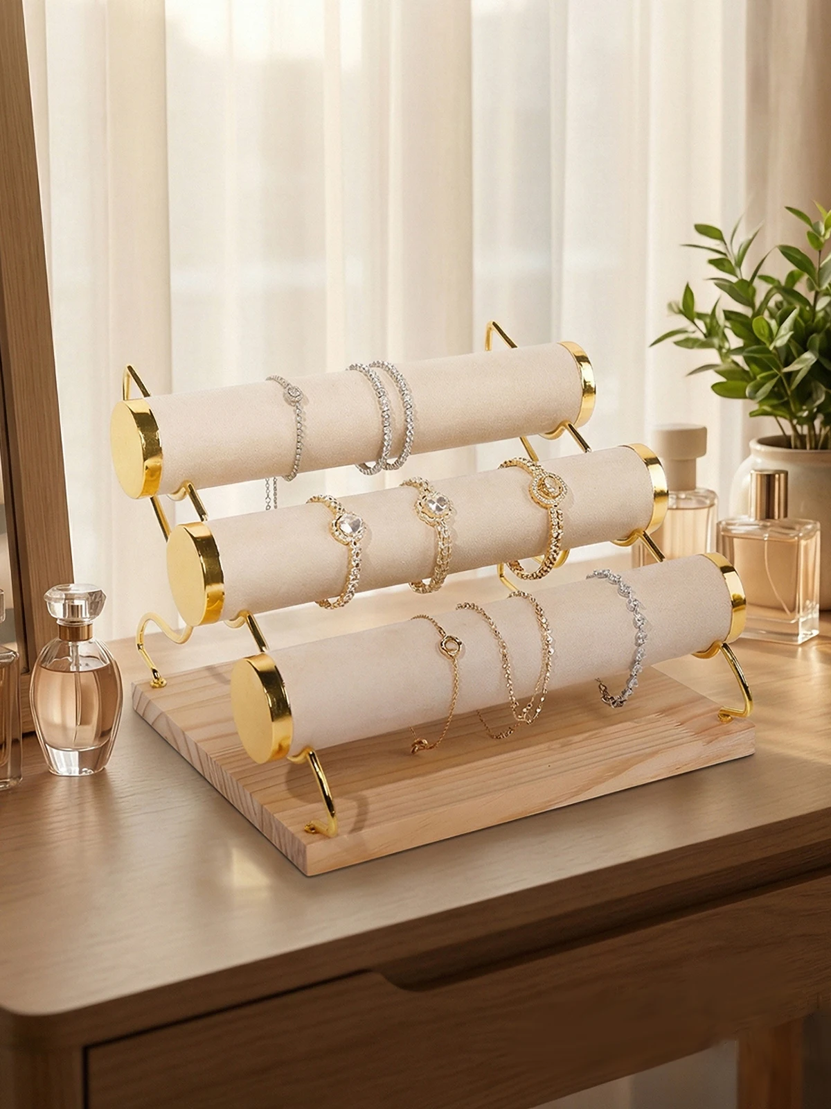 

3-Tier Velvet Bracelet Holder, Gold Plated Jewelry Display Stand with Solid Wood Base, Jewelry Organizer for Bracelets, Watches,