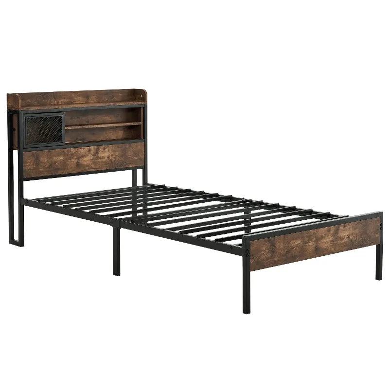Single bed with socket, wooden bed storage, retro Nordic style