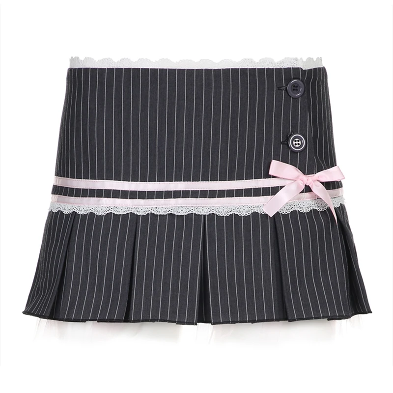 Stripe Print Pleated Skirt Aesthetic Lace Patchwork High-waist Skirt Y2K Academic Style Streetwear Cute Sweet Skirt