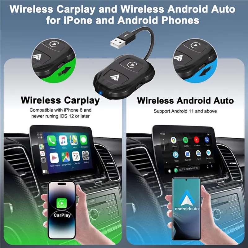 2 IN 1 Wireless Carplay Adapter for Android 11+/Iphone 12+ Plug And Play Converts Wired Carplay to USB/USB-C Auto Car Adapter