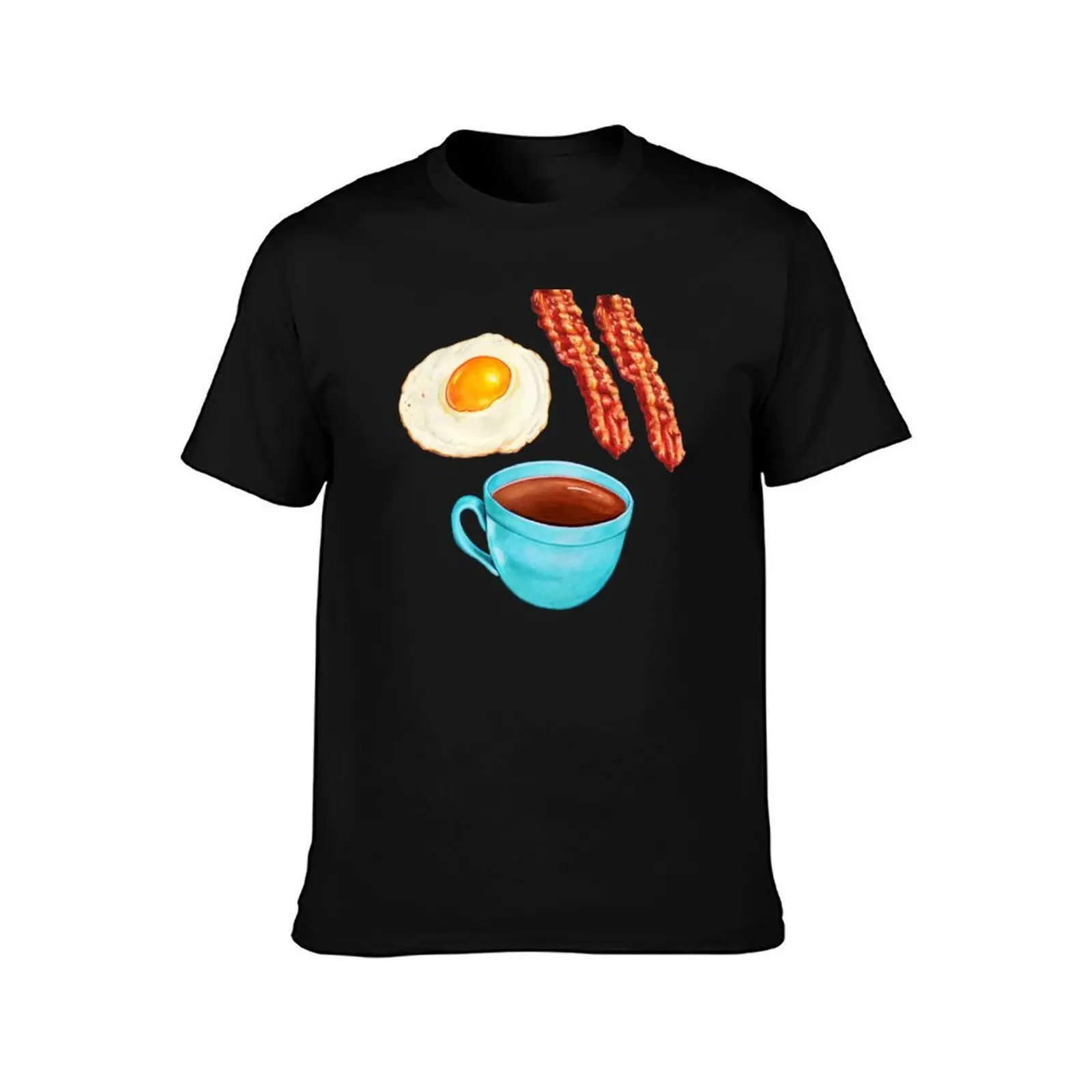 Coffee Bacon & Eggs Pattern - Blue Check T-Shirt cotton t shirts man 100% T-Shirt