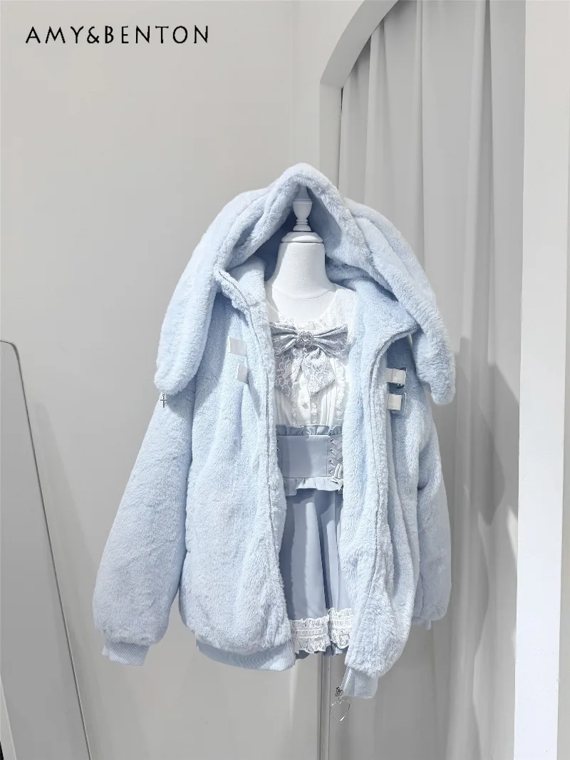2025 hiver nouveau mignon lapin oreille col haut épaissi manteau en peluche sous-culture Kawaii chaud fermeture éclair mi-longue manteau de fourrure pour les femmes