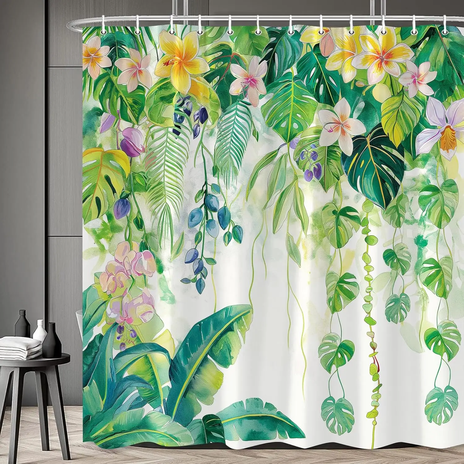 

Green Leaf Shower Curtain Vines Flowers Tropical Rainforest Plants Watercolor Illustration Plantain Leaves Palm Leaves Bathroom