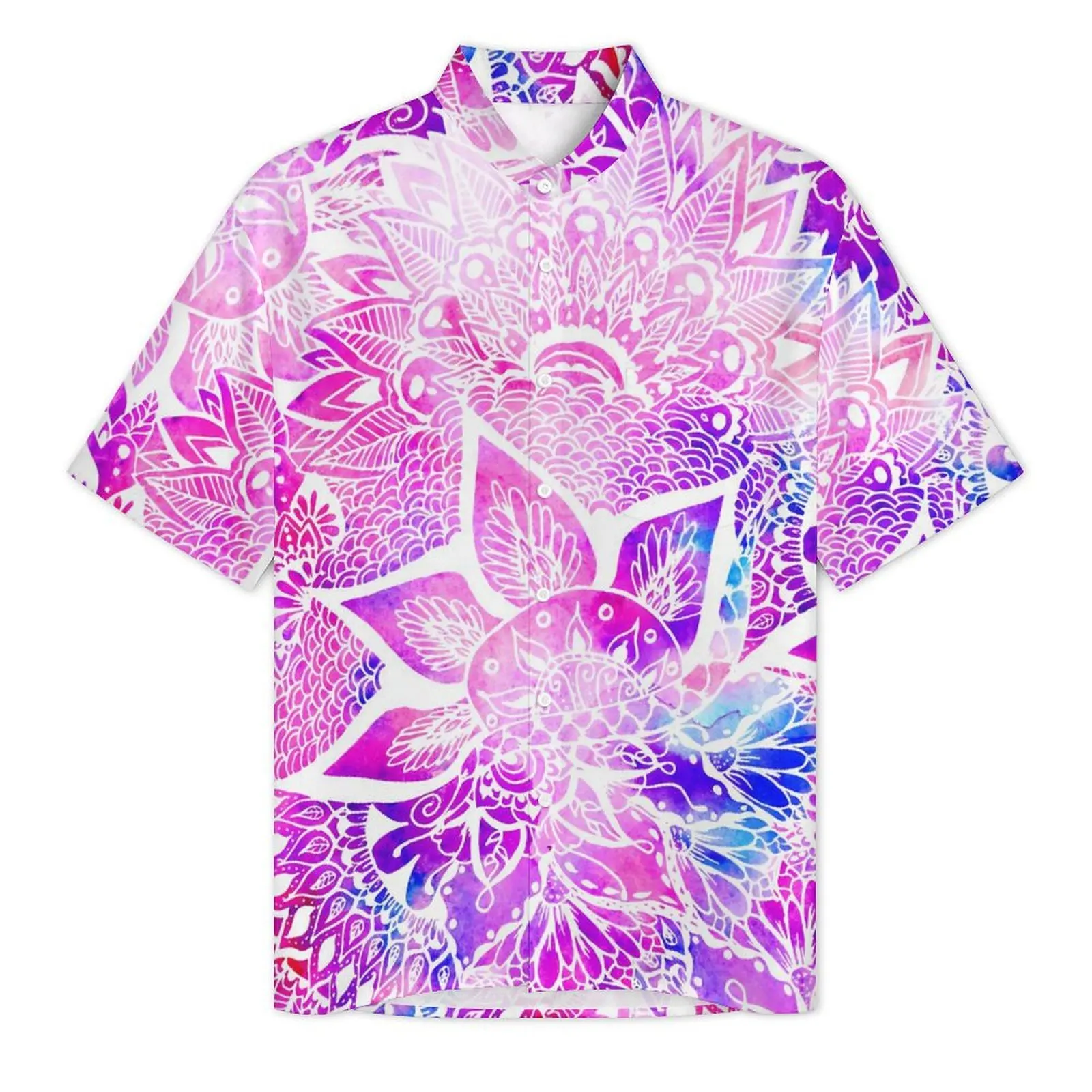 Purple Blue Mandala Hawaii Shirt For Men Vacation Boho Floral Print Casual Shirts Short-Sleeve Fashion Retro Oversized Blouses