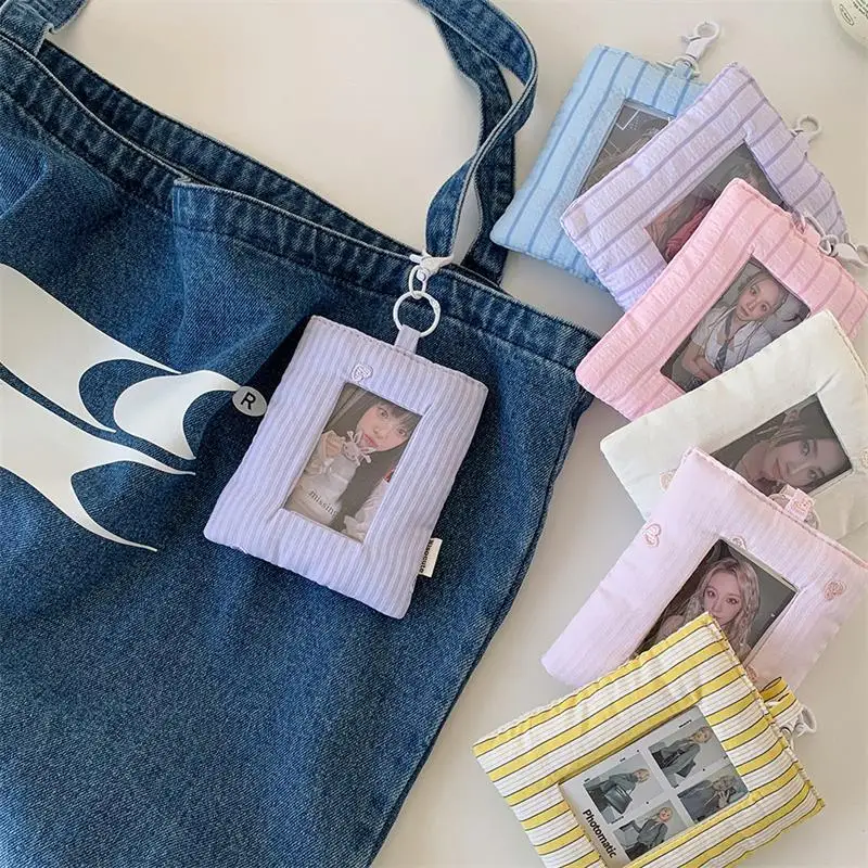 Dopamine Cute Padded Stripe Love Card Holder Photocard Holder Idol Photo Display Storage Protect Cover Keyring Pendant Bag Charm