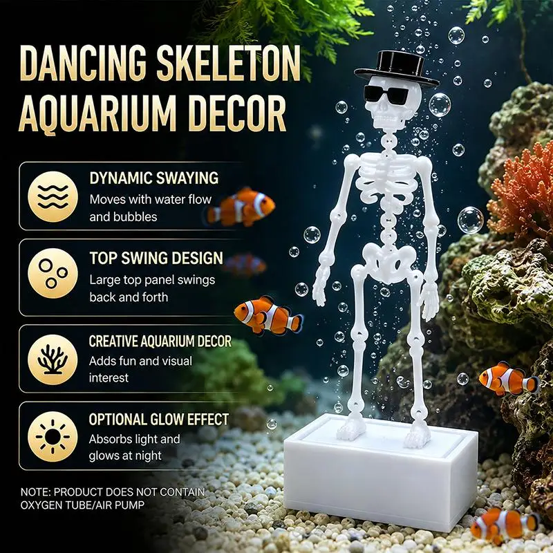 Funny Dancing Skeleton Aquarium Bubbler 3D Printed Air Driven with Hat Sunglasses Cute Ornament for Office Desktop Fish Tank