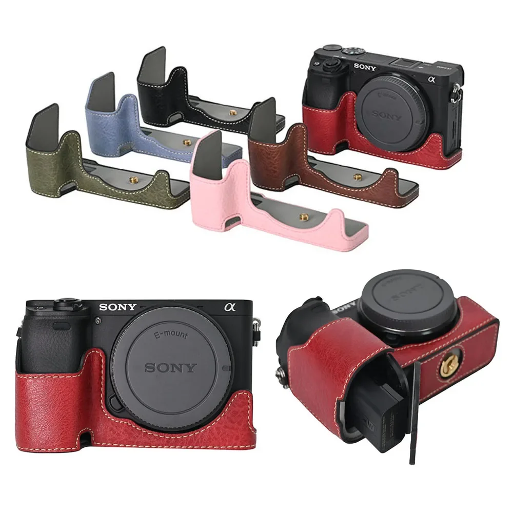 Camera Half Case for Sony A6300 A6400 A6000 A6100 Litchi Pattern PU Leather Bottom Opening Magnetic Cover With Strap