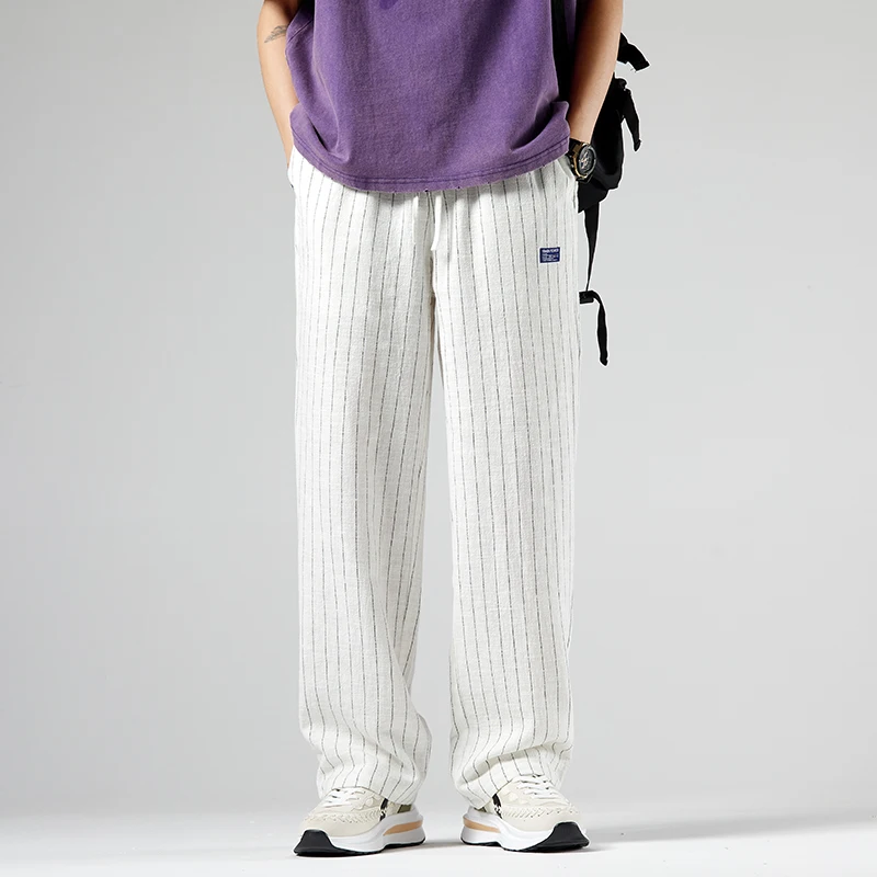 

Мужские летние тонкие брюки с широкими штанинами, хлопково-льняные повседневные длинные брюки свободного прямого кроя в стиле ретро с японским полосатым дизайном