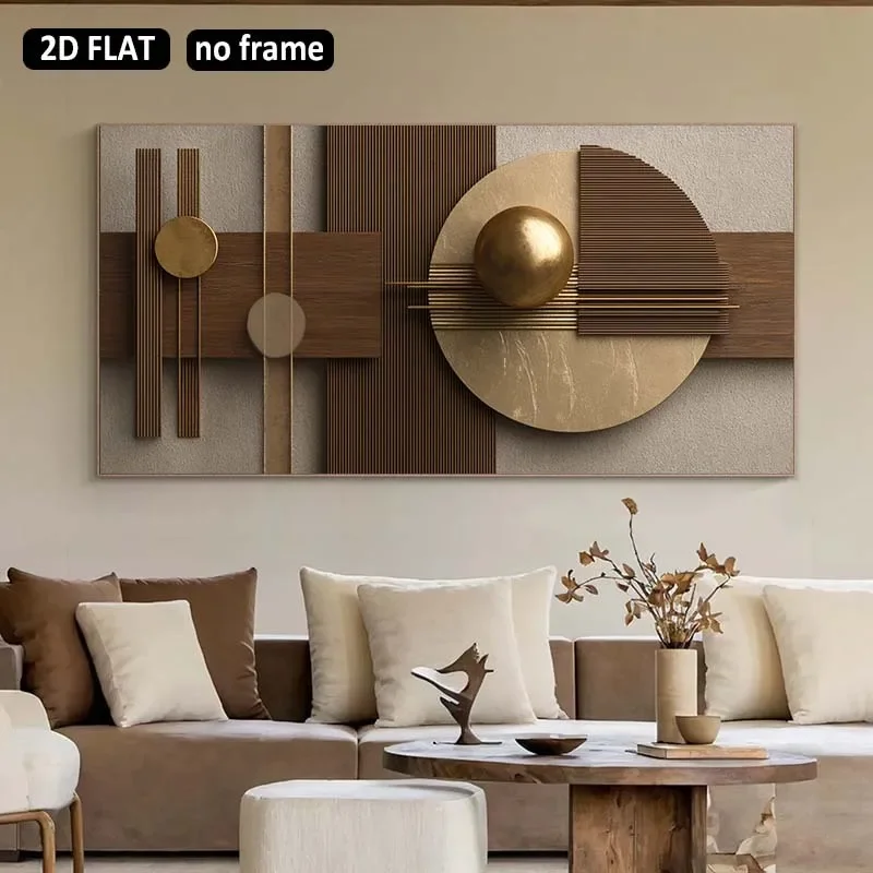Frameless Canvas Painting2D Flat Large Modern Abstract Golden Geometric Canvas Wall Art - Unframed Neutral Canvas Prints For Liv