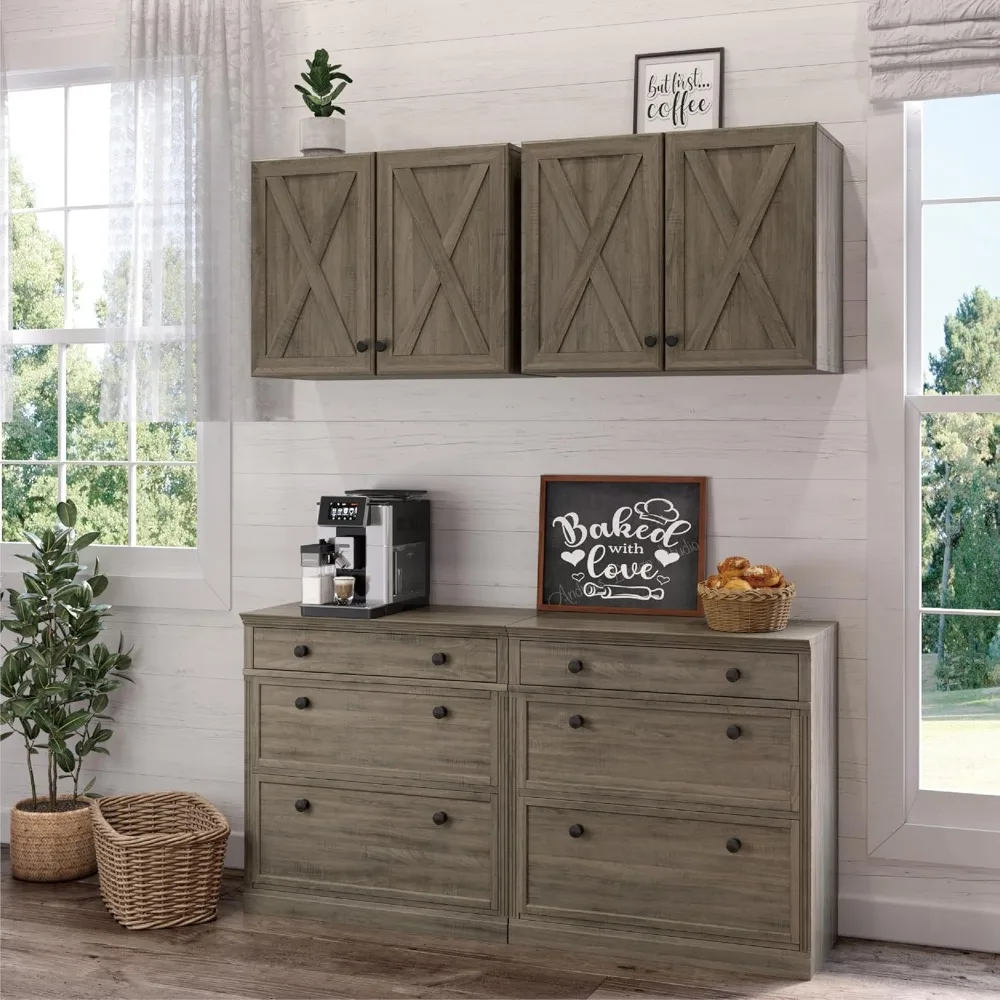 Laundry Wall Cabinets - Farmhouse Kitchen Wall Amount Storage Cabinets with Doors and Shelves, One Set of 2 Pieces, Lt Rustic