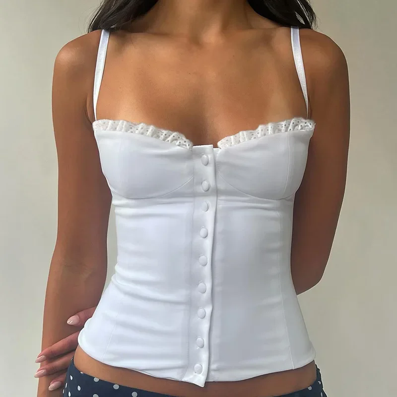 

Y2K Sexy Lace Patchwork Slimming Camis Women Breasted Design Cinched Waist Cropped Tops Aesthetics Party Sexy Ruched