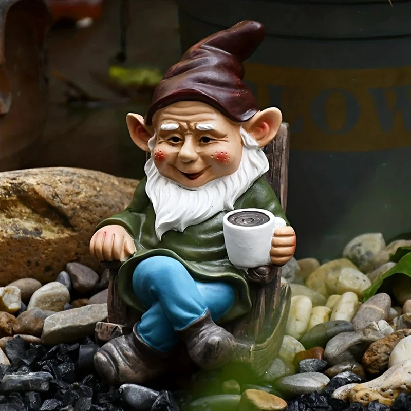 

1 PCS Gnome Dwarf Rocking Chair Ornament Decoration Patio Leisurely Drinking Tea Lazy Decoration 15X6x7cm