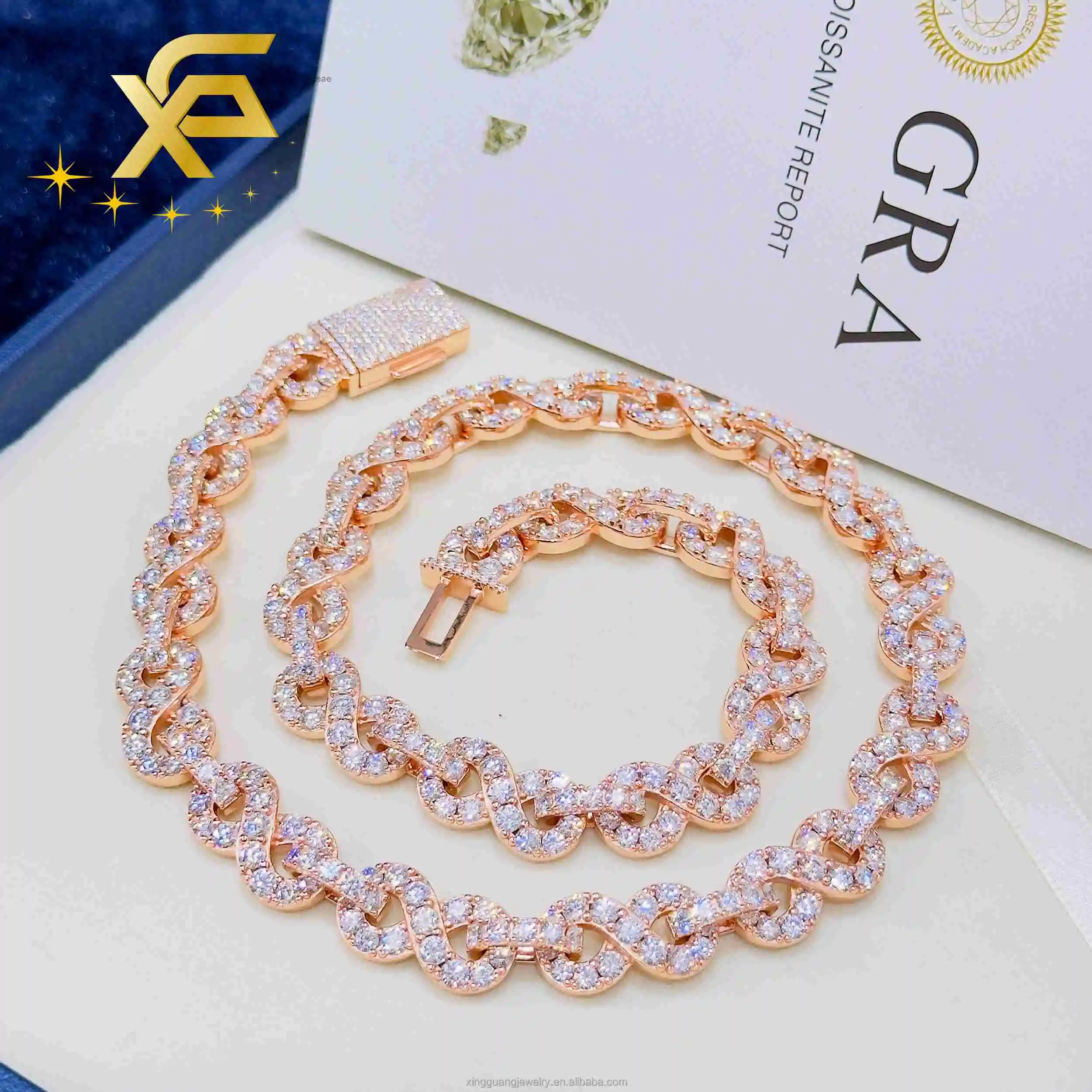 Fashion Gold Rose Chains 13mm Infinity Links GRA Round Moissanite 925 Sterling Silver Cuban Chains Hip Hop Men's Jewelry..