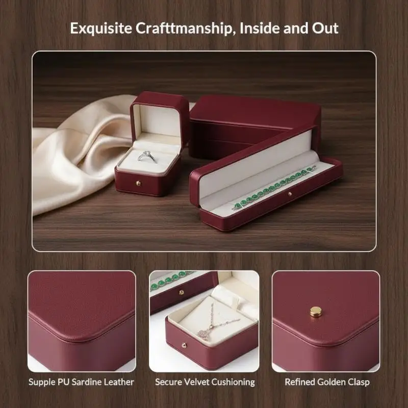 Schmuckboxen aus PU-Leder mit weichem Samtfutter und goldenem Verschluss, perfekt für Heiratsanträge, Hochzeitsgeschenke, Ring- und Halskettenaufbewahrung. – Detail 13