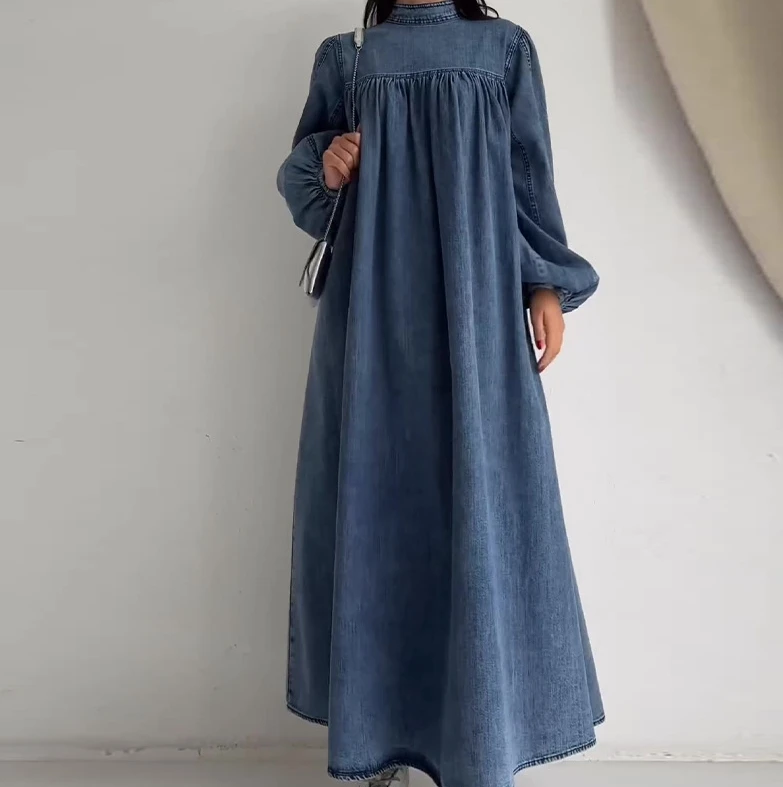 Retro Trendy Women\'s Denim Dresses 2024 Autumn New Fashion O-Neck Solid Color Loose KoreanCasual Long Sleeved Denim Long Dresses