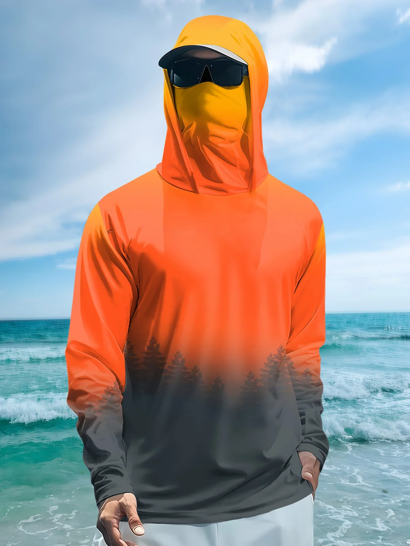 Mens Fishing Shirt Hooded UPF Sun Protection Long Sleeve Face Mask Camo Quick Dry Outdoor Hiking Hunting Rash Guard Jersey Top