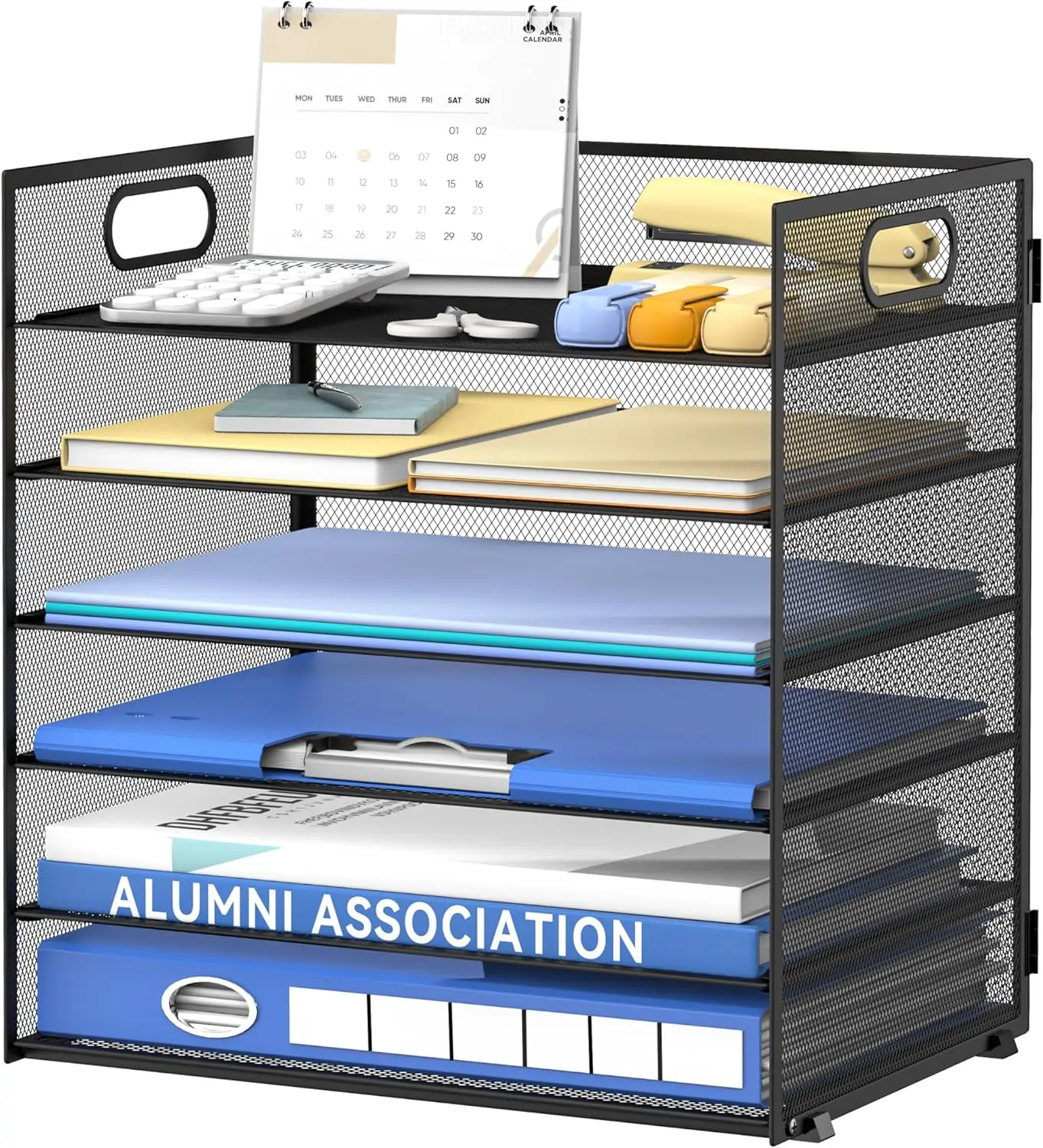 

6 Tier Paper Organizer for Desk, Mesh File Organizer with Handle for Office Home School, Black